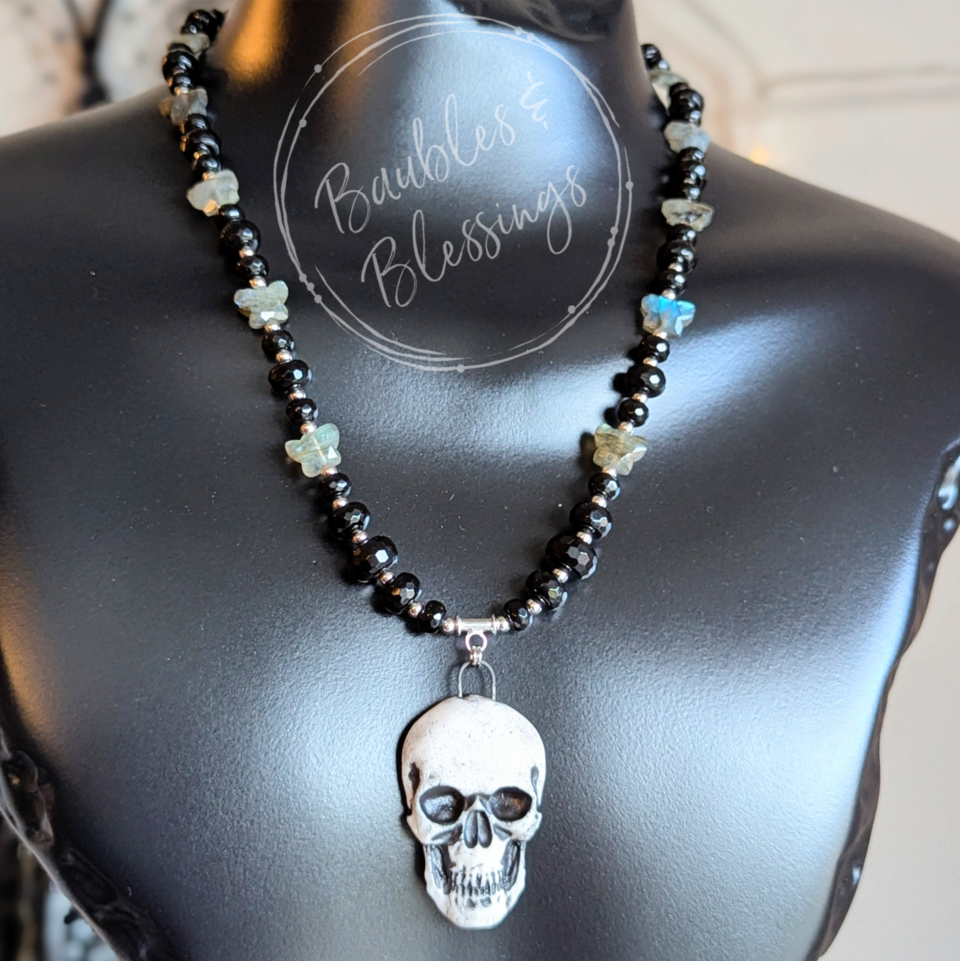 Skull Necklace with Onyx & Labradorite Butterflies 