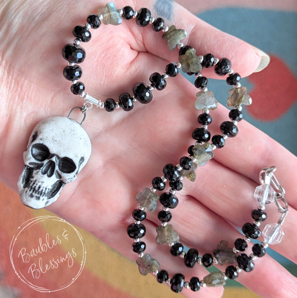 Skull Necklace with Onyx & Labradorite Butterflies 