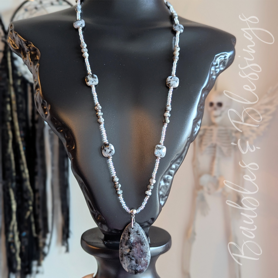Long Larvikite Necklace with Teardrop Pendant