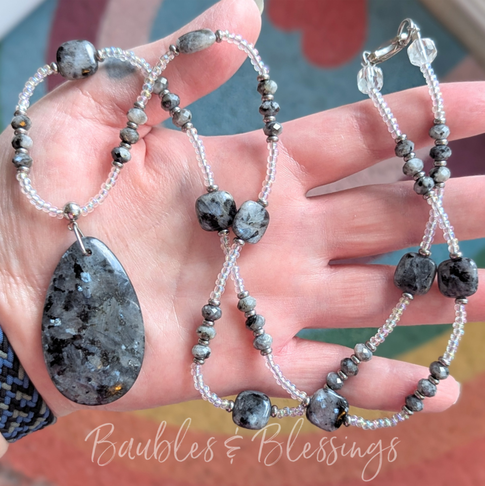 Long Larvikite Necklace with Teardrop Pendant