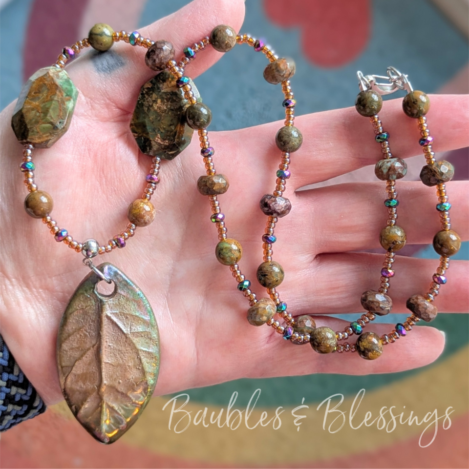 RESERVED for B: Raku Leaf & Green Opal Necklace