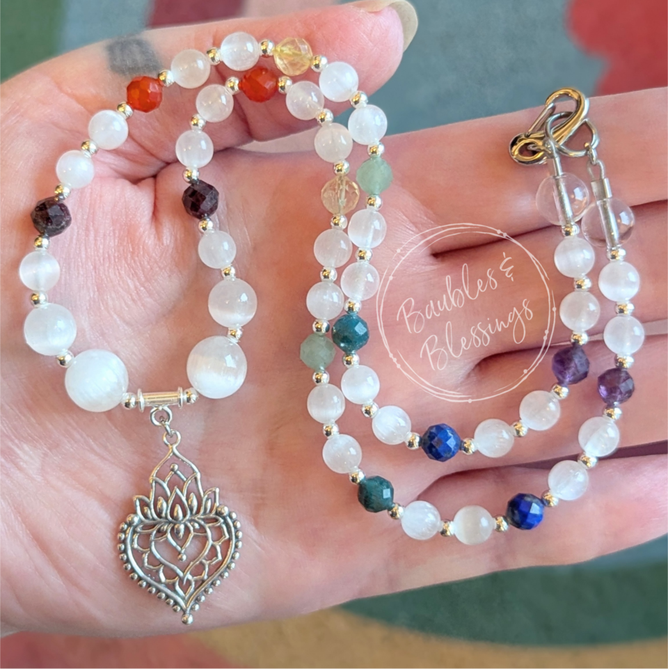 Selenite & Chakra Stone Necklace with Sterling Lotus