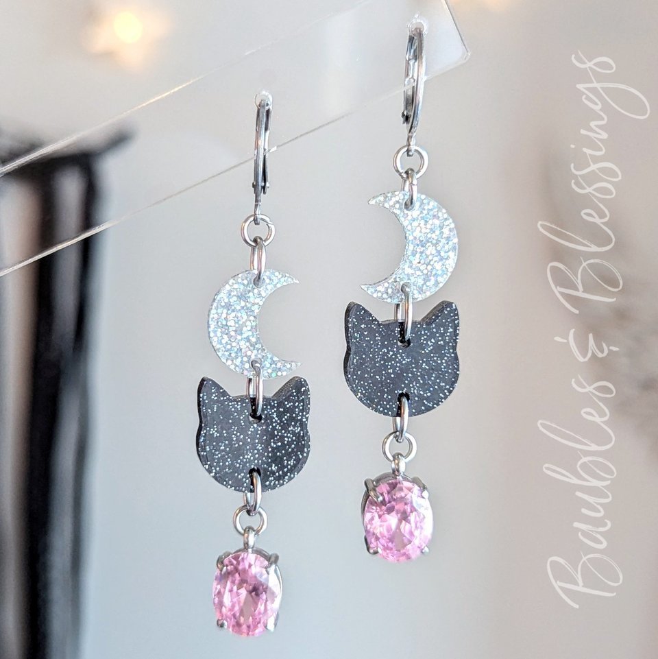 RESERVED for D: Crescent Moon Kitty Earrings
