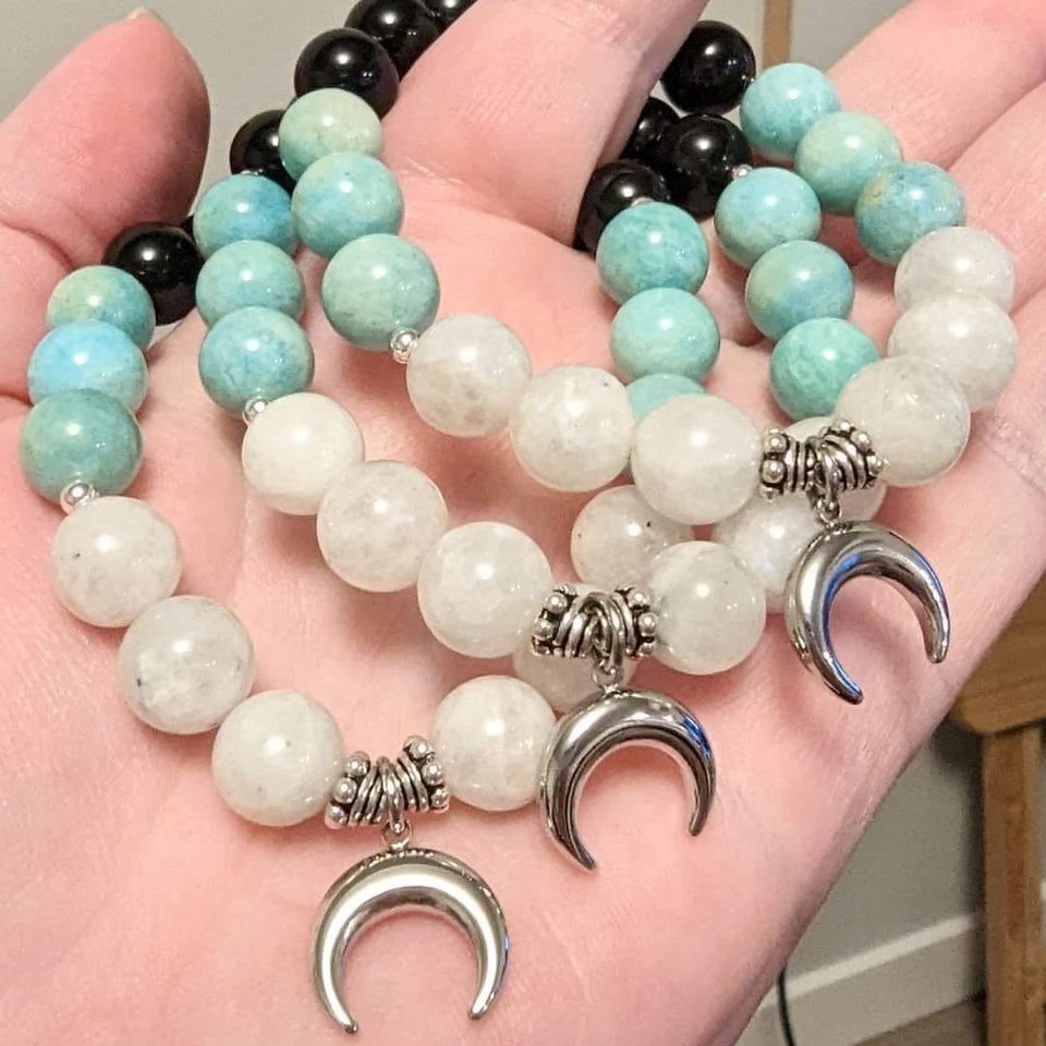 Moon Bracelets with Moonstone, Amazonite & Onyx