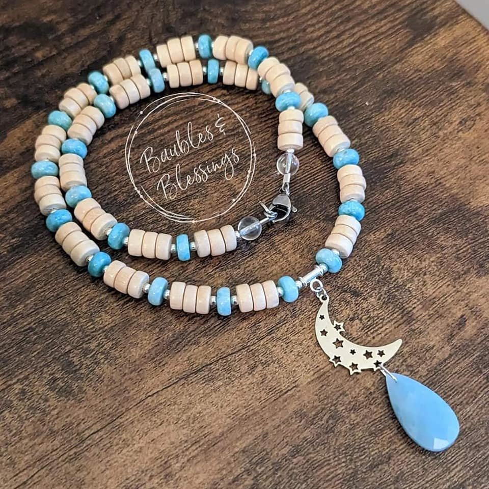 Amazonite & Wood Crescent Moon Necklace