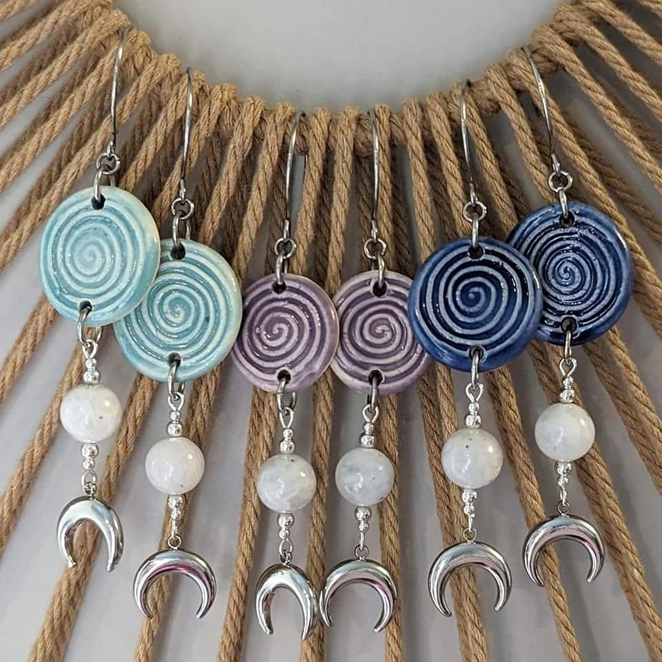 Crescent Moon Earrings with Moonstone & Beadfreaky Spirals