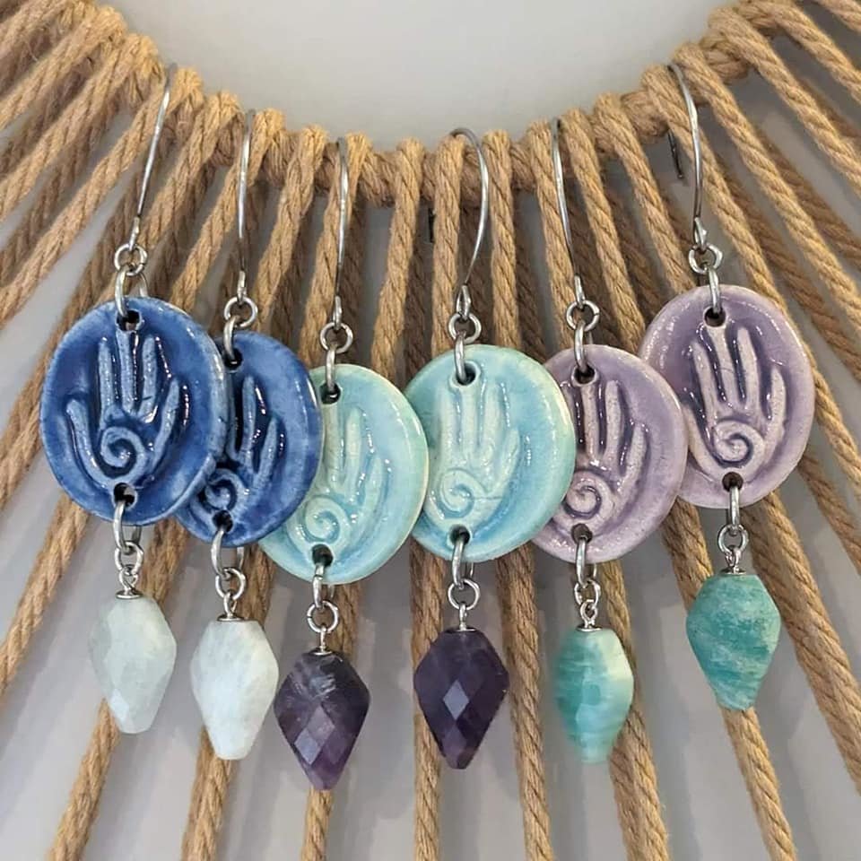 Reiki/Hamsa Hand Earrings with Beadfreaky Links & Gem Drops
