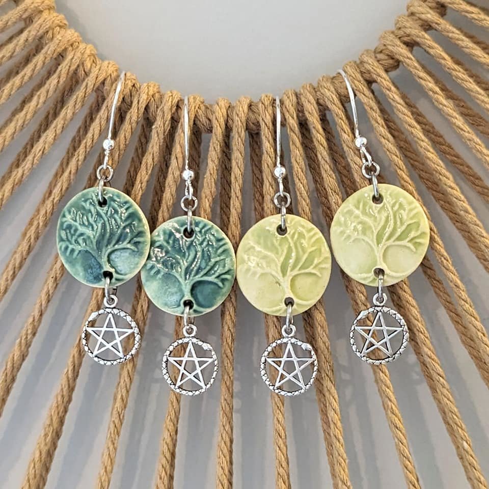 Tree of Life Earrings with Ouroboros Pentagrams