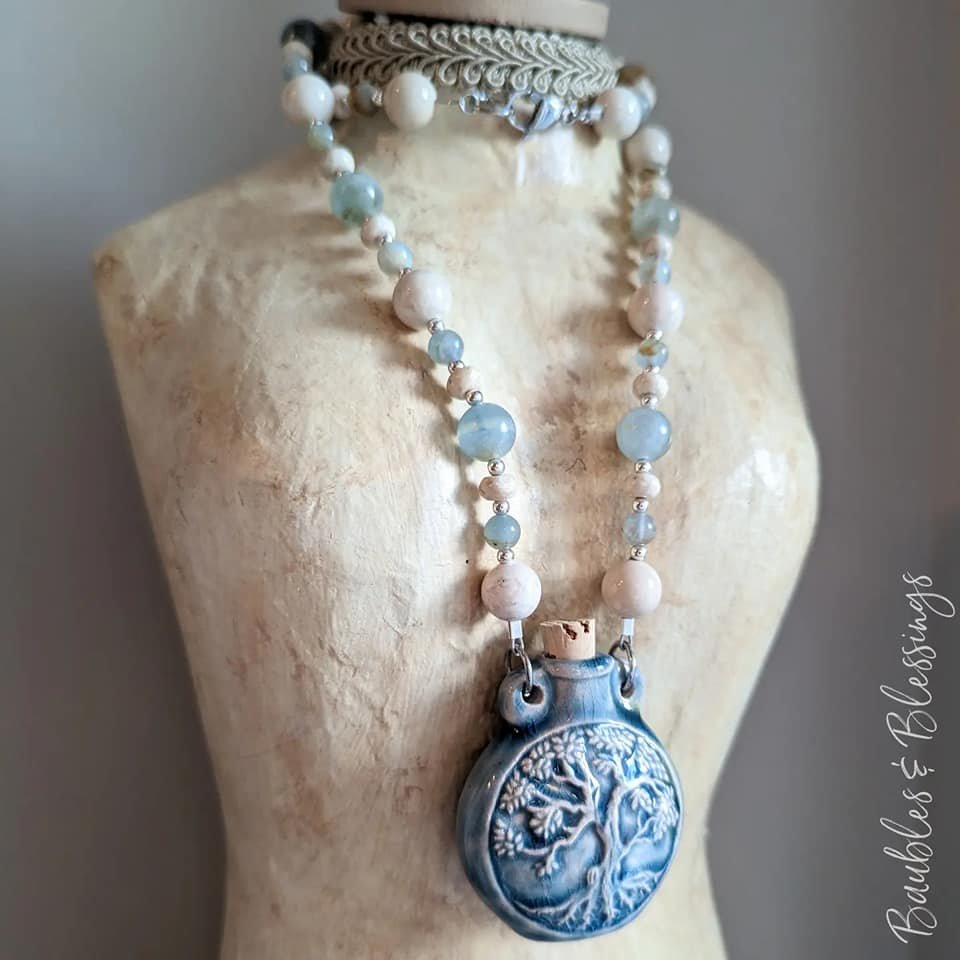 Lemurian Calcite & Riverstone Necklace with Tree of Life Bottle