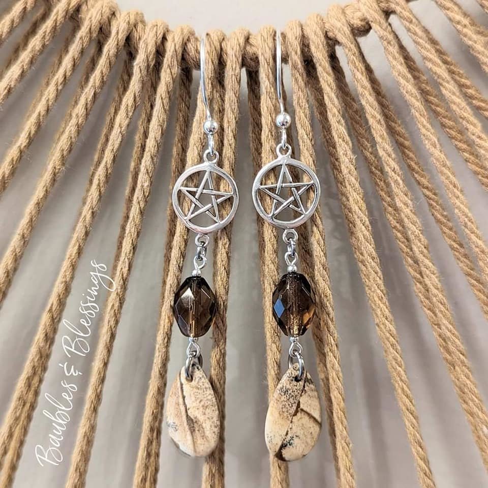 Sterling Silver Pentagram & Picture Jasper Earrings