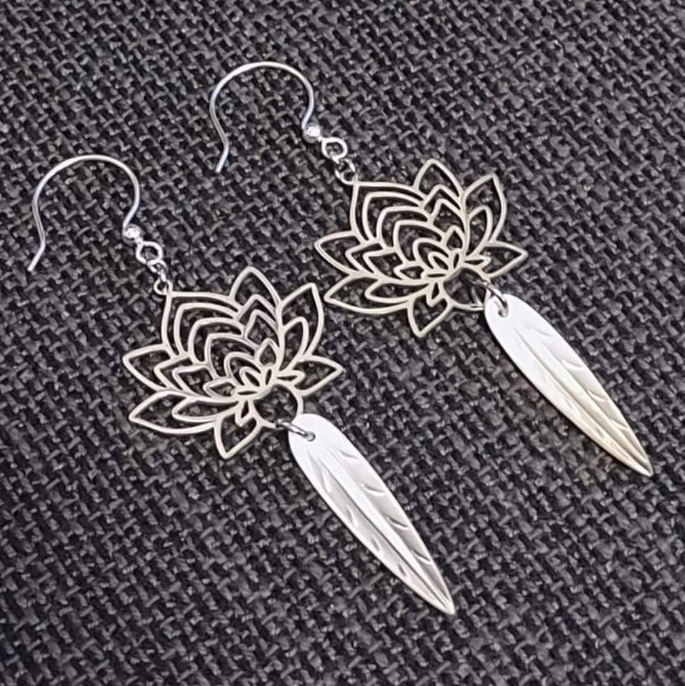 Stainless Steel Lotus & Black Lip Shell Earrings