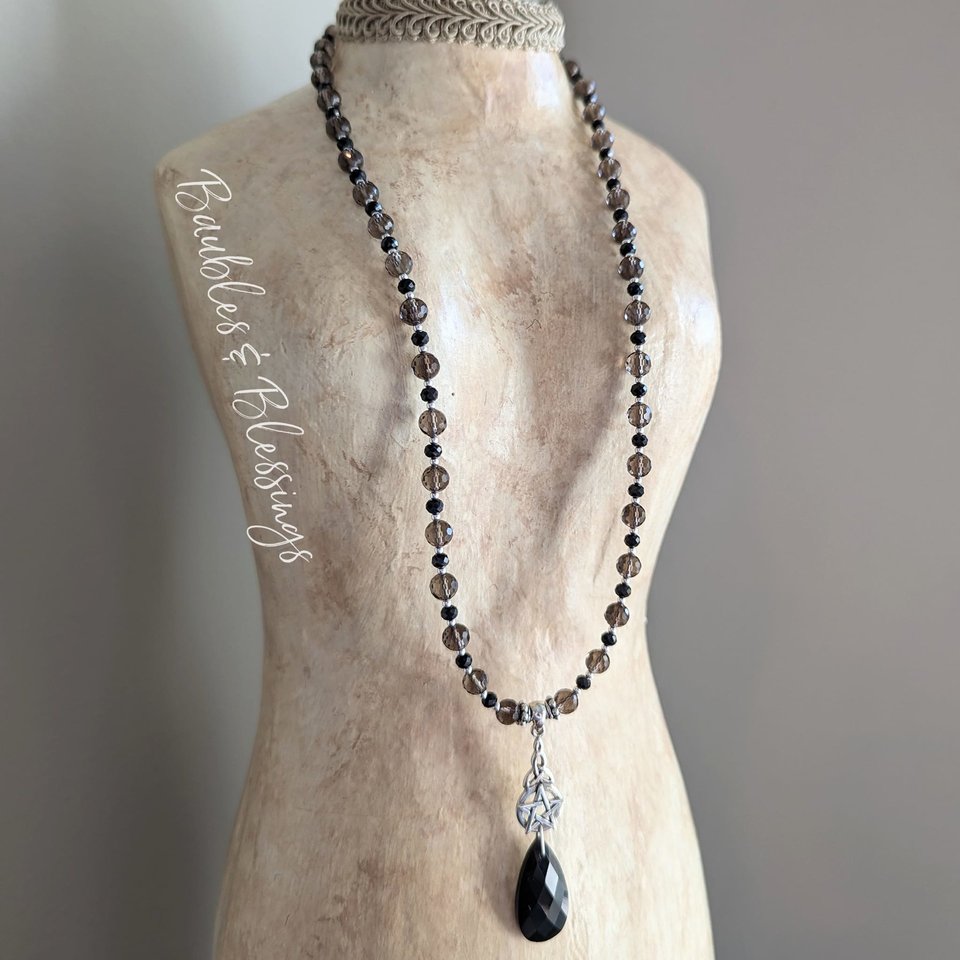 Celtic Witch Necklace with Spinel, Smoky Quartz & Obsidian