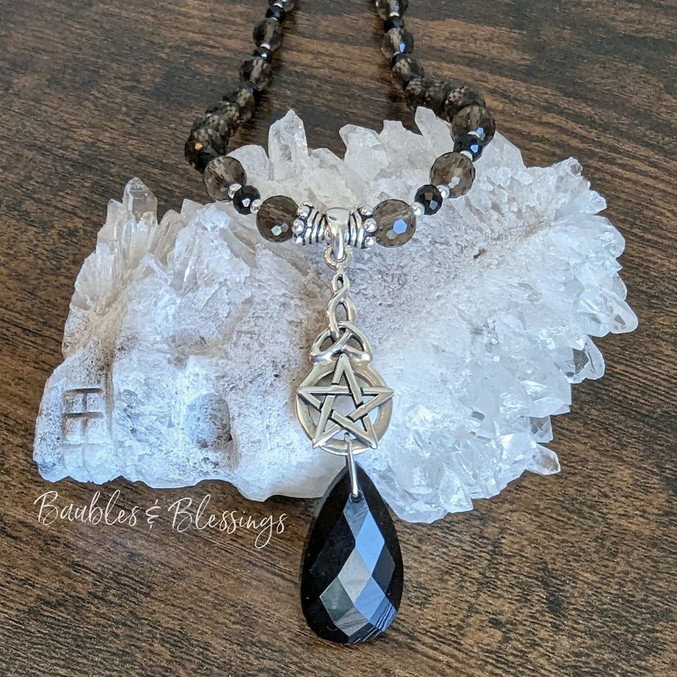 Celtic Witch Necklace with Spinel, Smoky Quartz & Obsidian