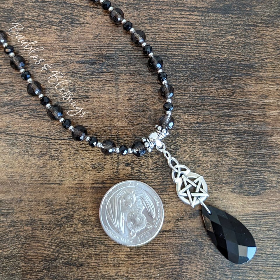 Celtic Witch Necklace with Spinel, Smoky Quartz & Obsidian