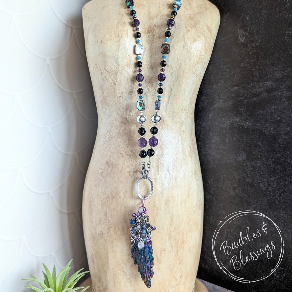 OOAK Bee Necklace with Black Kyanite, Amethyst, Apatite & Pāua