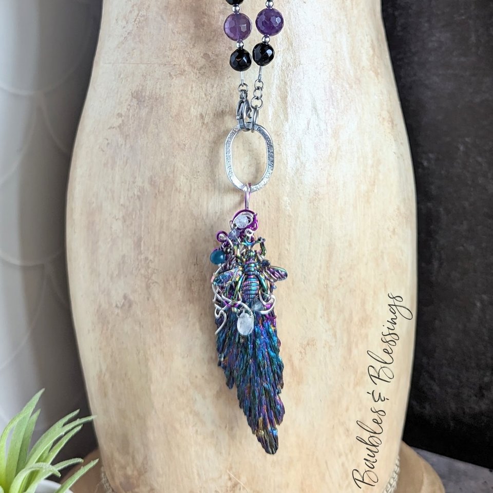 OOAK Bee Necklace with Black Kyanite, Amethyst, Apatite & Pāua