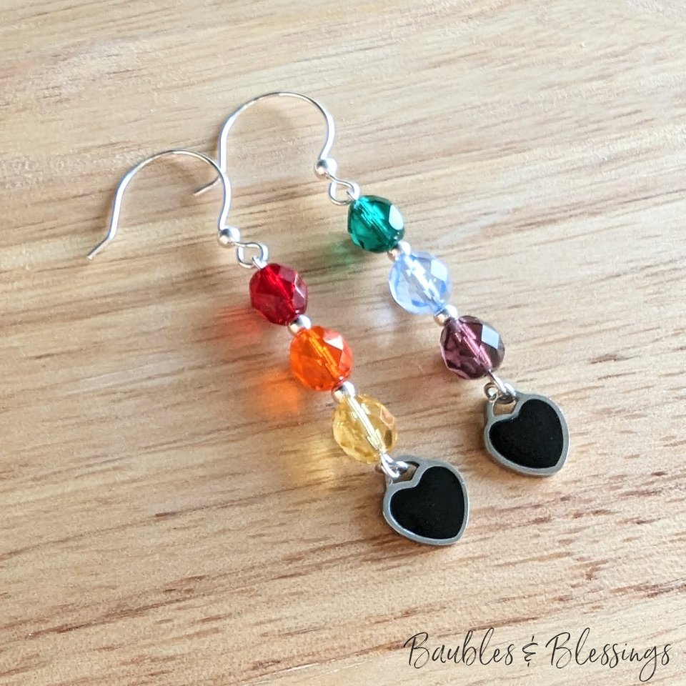 Rainbow Czech Glass Pride Earrings with Hearts