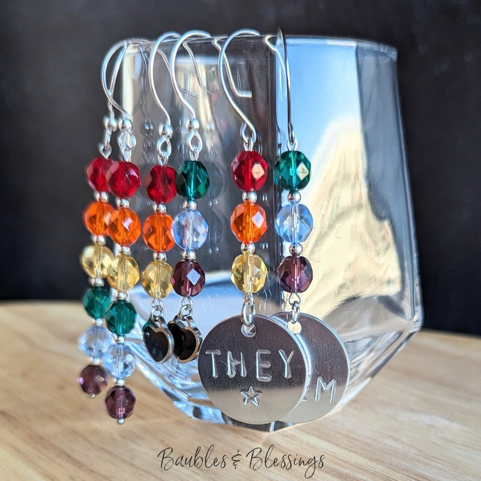 Rainbow Czech Glass Pride Earrings with Hearts