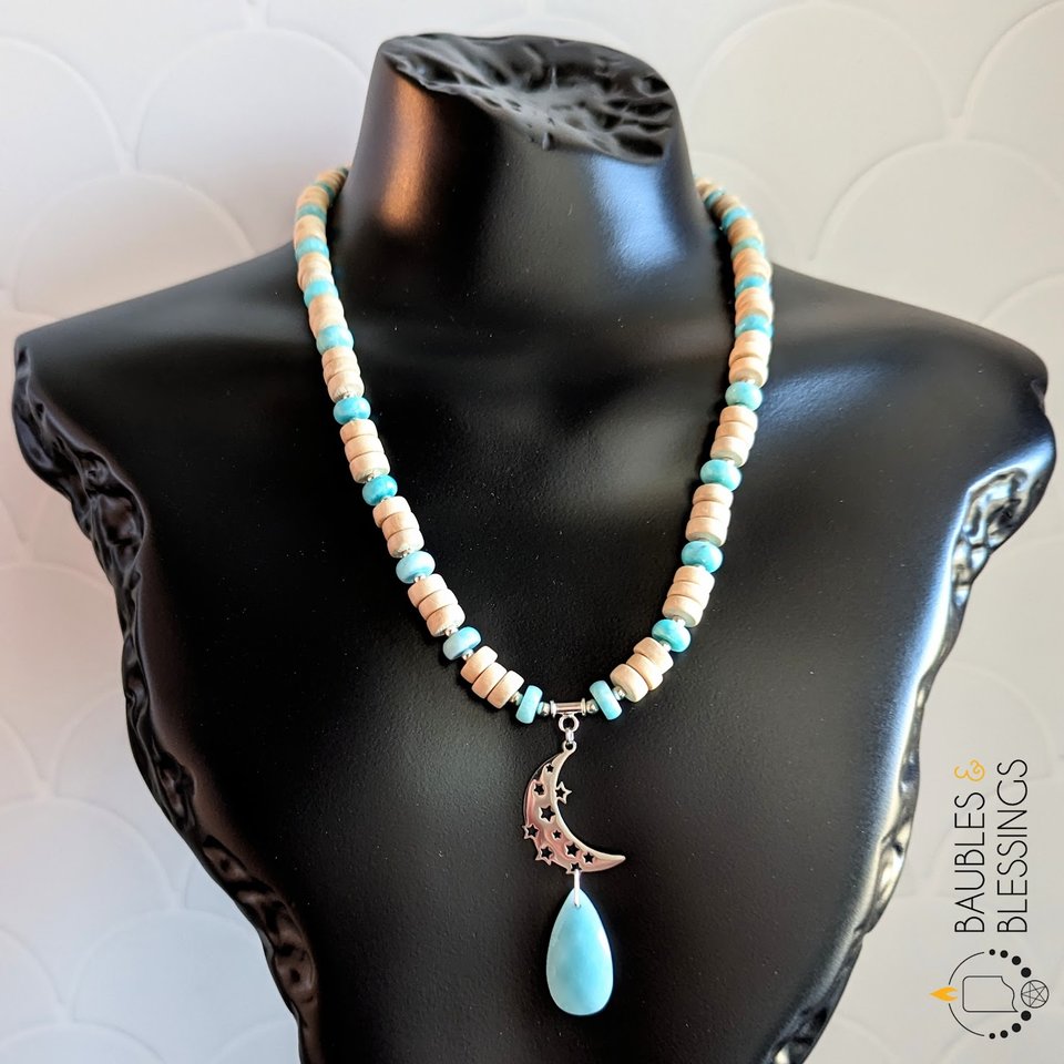 Amazonite & Wood Crescent Moon Necklace