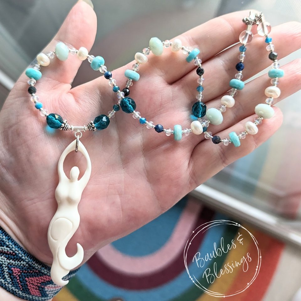 Mermaid Goddess Necklace with Gemstones & Pearls