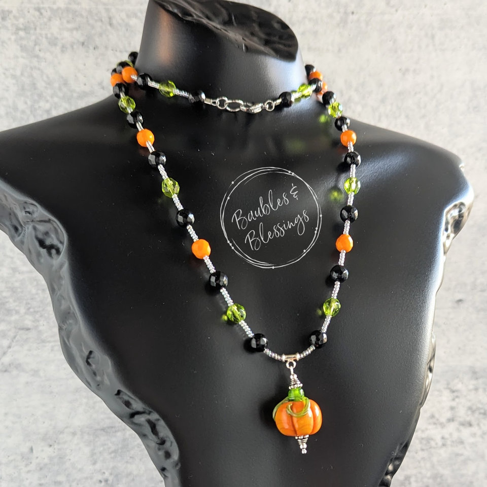 Pumpkin Necklace with Czech Glass & Onyx