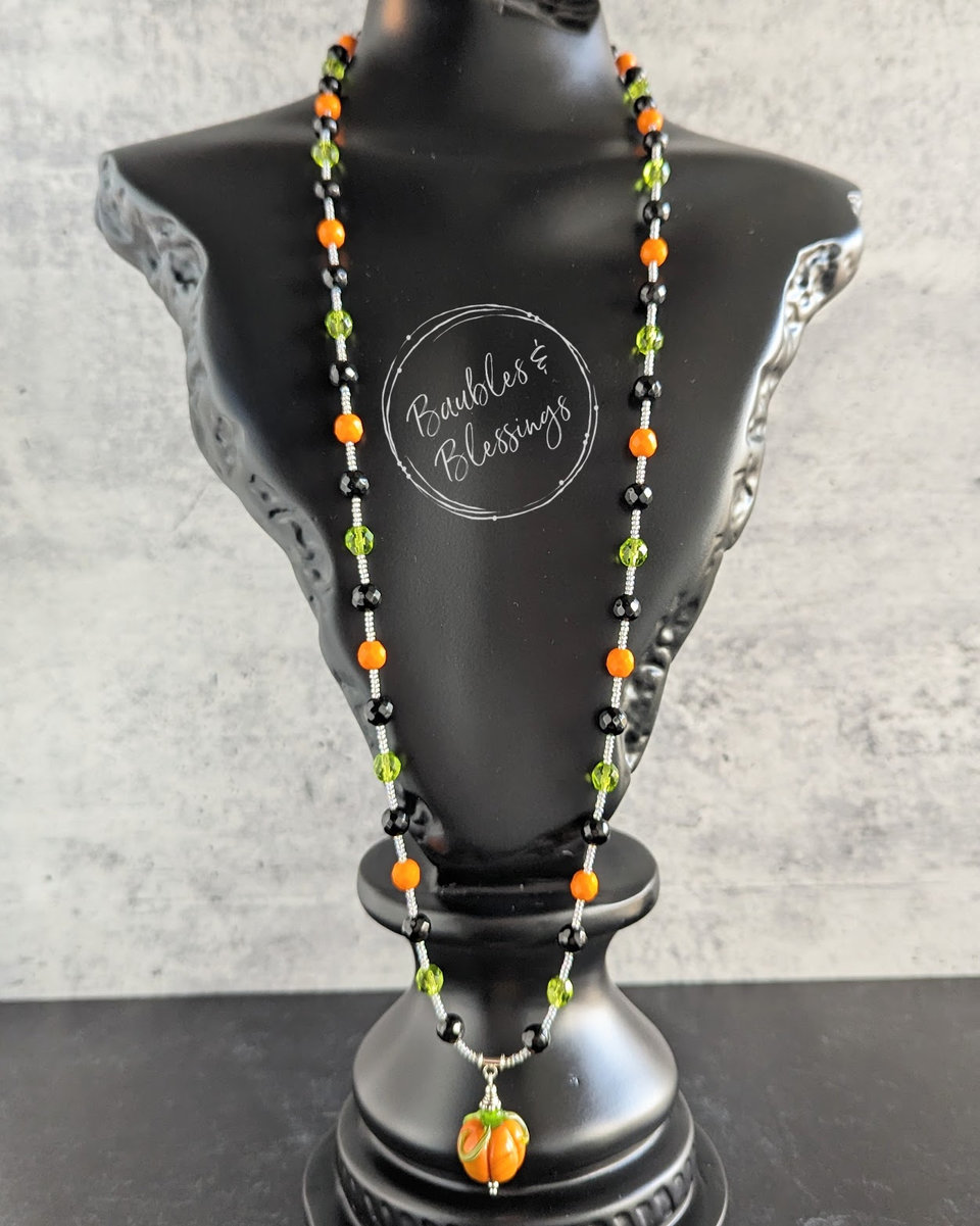 Pumpkin Necklace with Czech Glass & Onyx