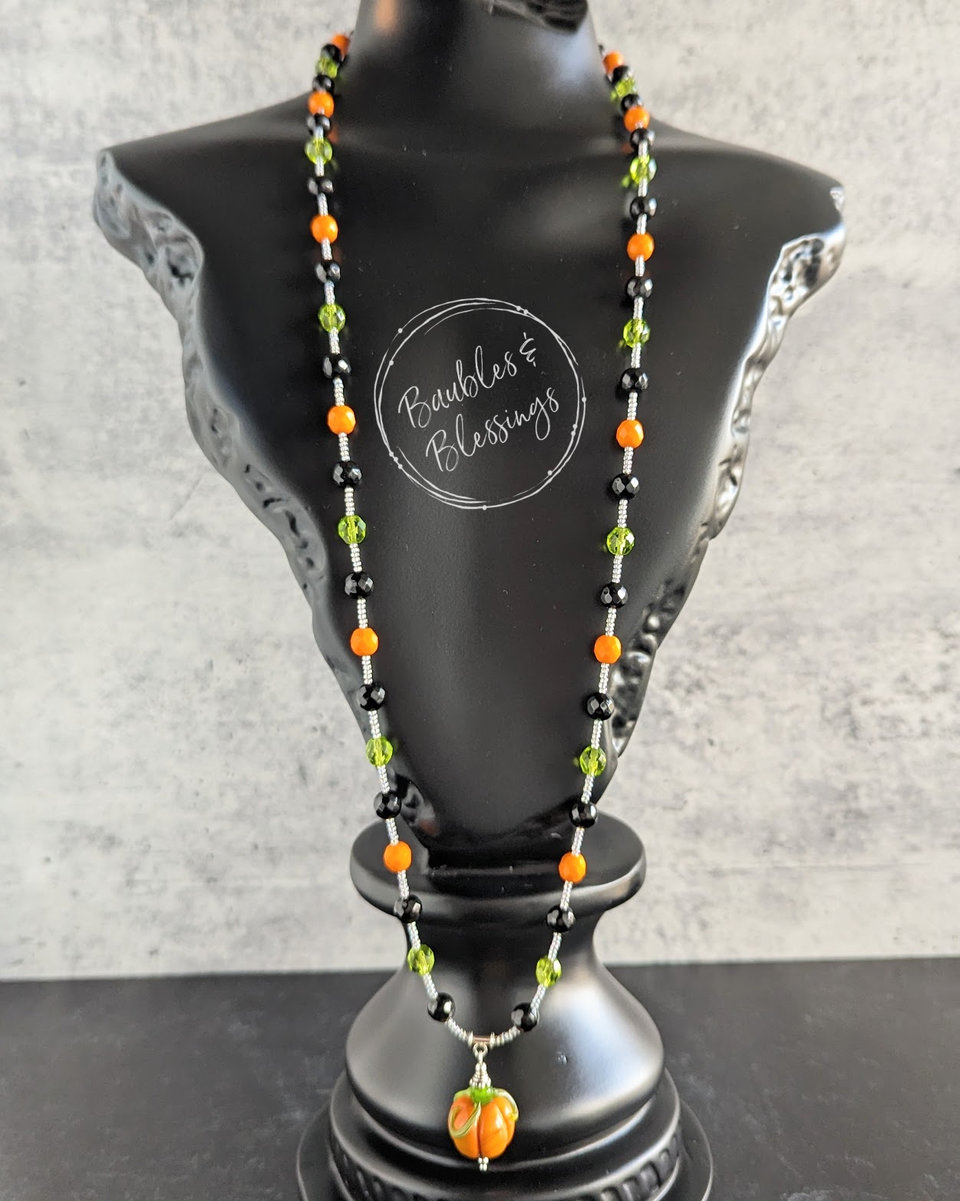 Pumpkin Necklace with Czech Glass & Onyx (MTO)