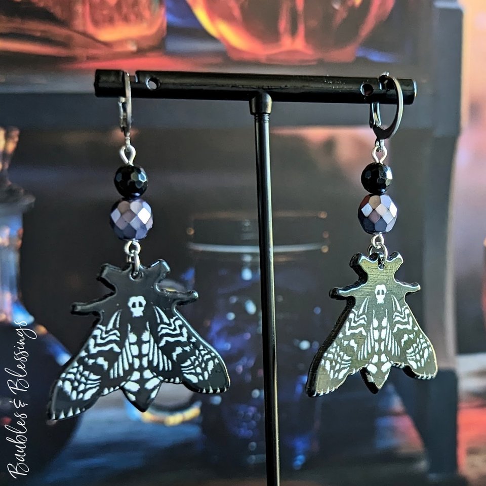 Moth Earrings with Onyx & Czech Glass