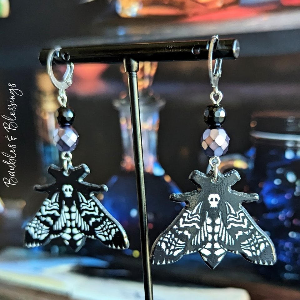 Moth Earrings with Onyx & Czech Glass