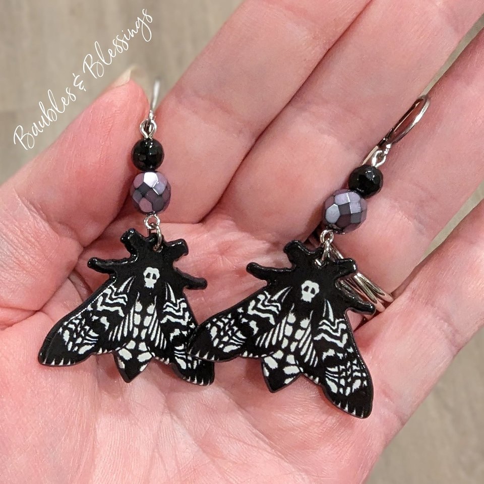 Moth Earrings with Onyx & Czech Glass