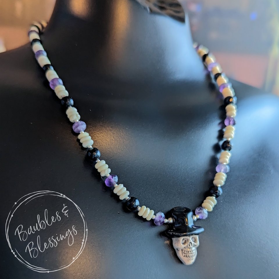 Papa Gede Necklace with Bone, Amethyst & Onyx (MTO)