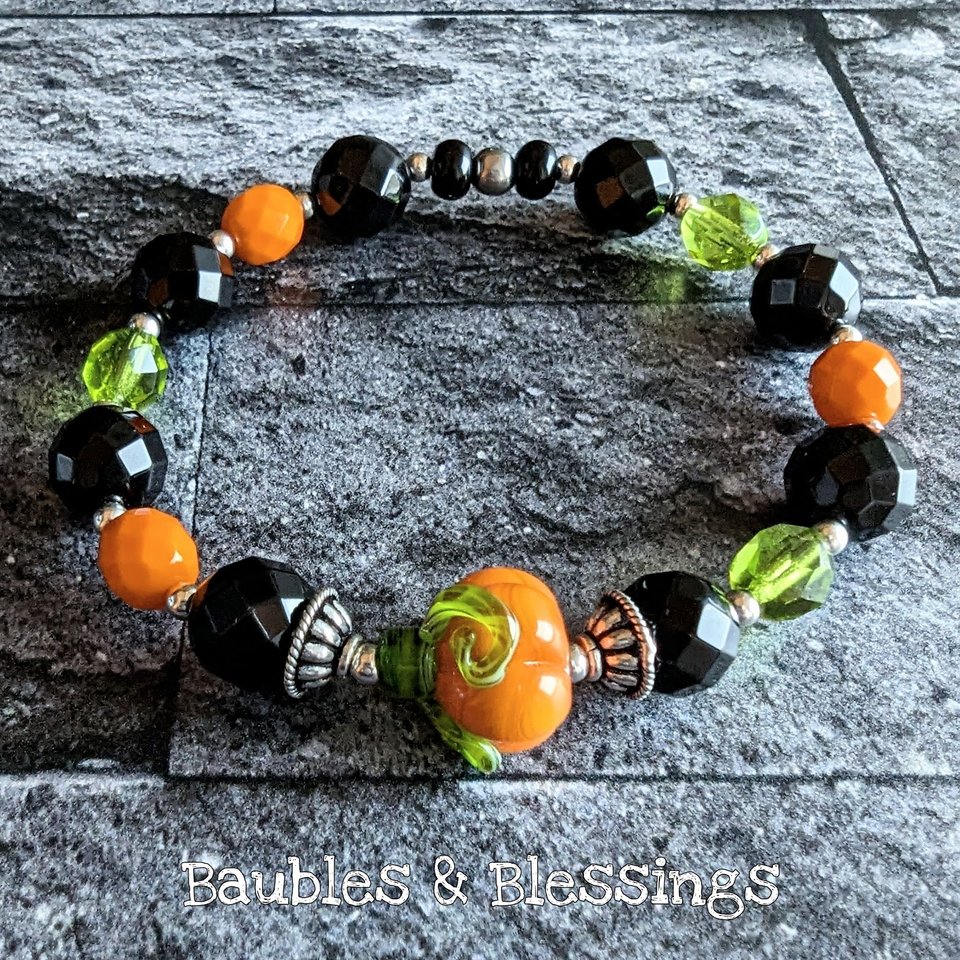 Halloween Pumpkin Bracelets: Onyx & Czech Glass