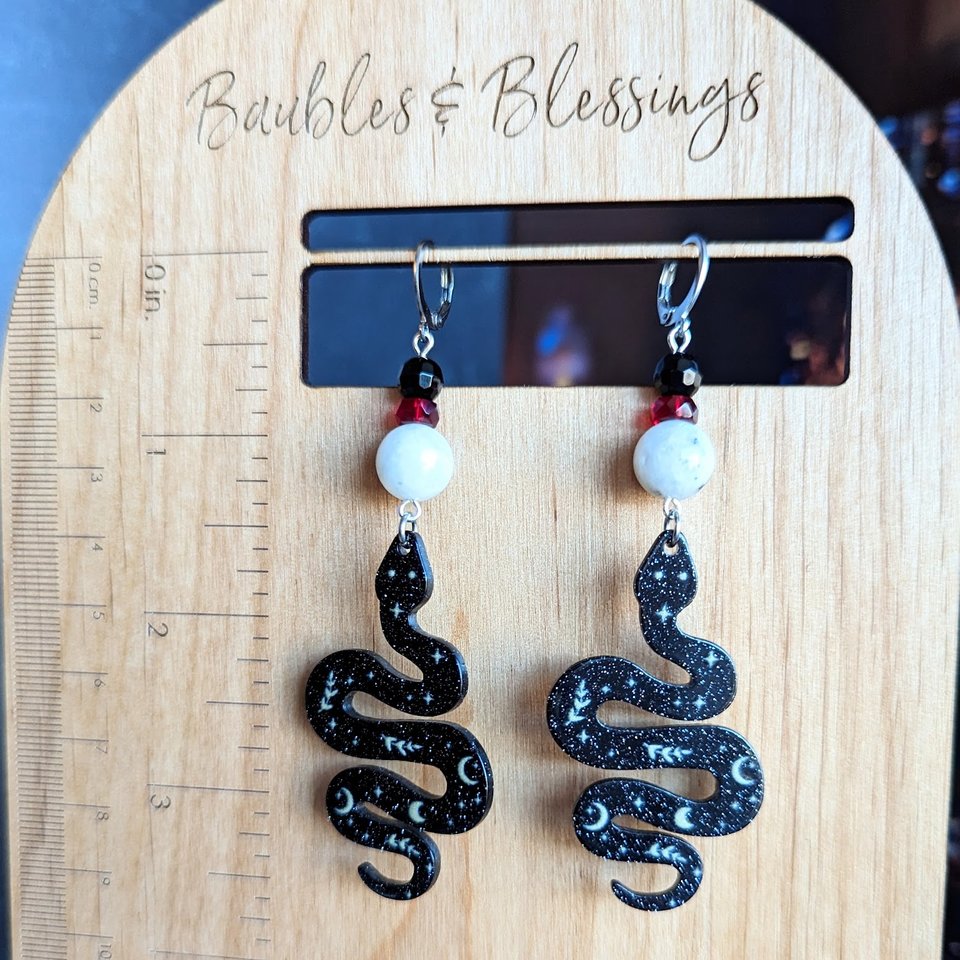 Snake Earrings with Moonstone & Onyx