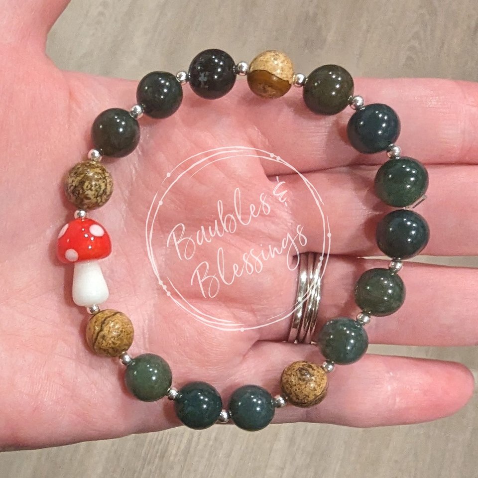 Toadstool Bracelets with Moss Agate & Picture Jasper