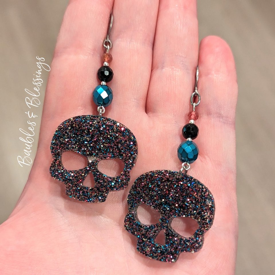 Acrylic Skull Earrings with Glitter, Pink Tourmaline & Czech Glass