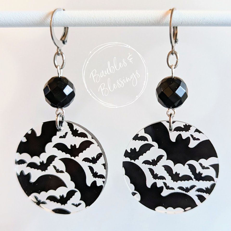 Acrylic Bat Earrings with Czech Glass & Onyx