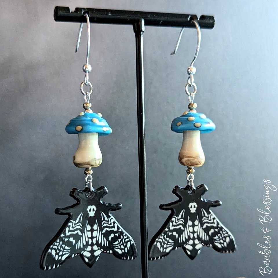 Death's Head Moth Earrings with Lampwork Mushies