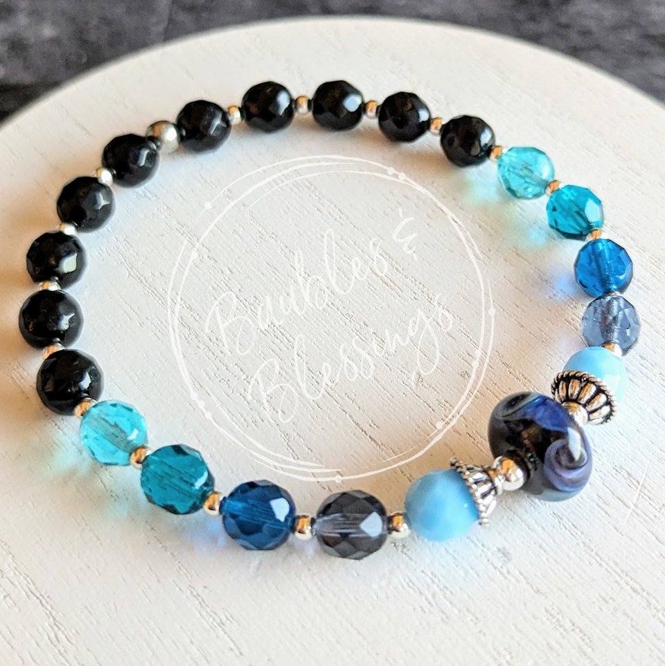 Elegant Swirl Blue Lampwork Bead Bracelet with Quartz or Onyx (MTO)