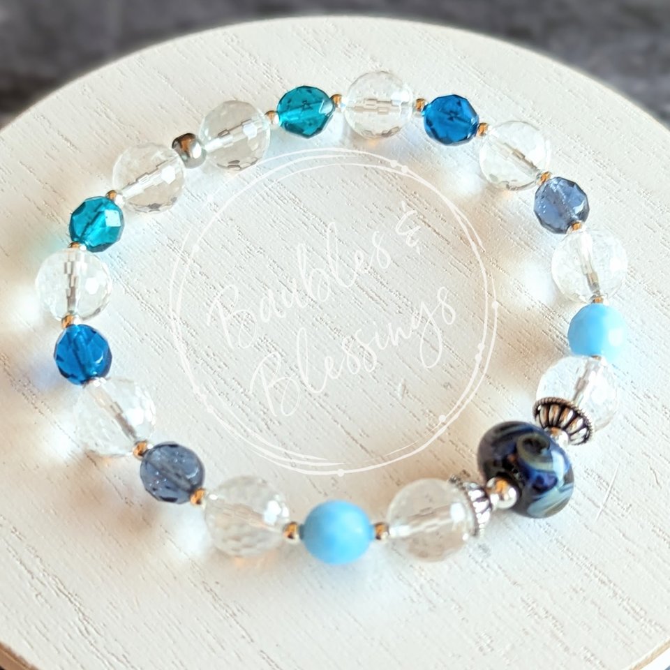 Elegant Swirl Blue Lampwork Bead Bracelet with Quartz or Onyx