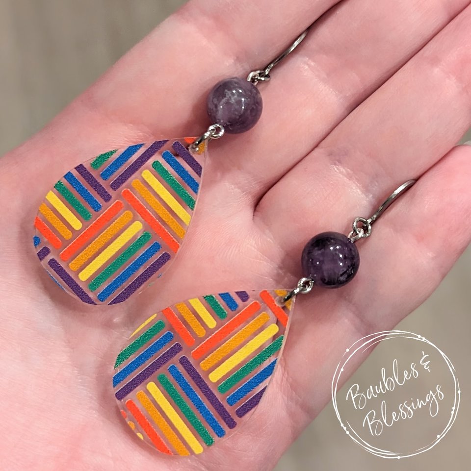 Acrylic Rainbow Pattern Earrings with Chevron Amethyst