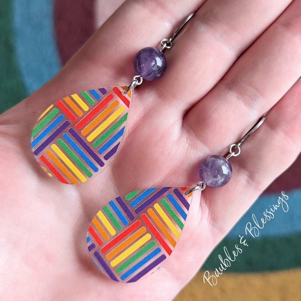 Acrylic Rainbow Pattern Earrings with Chevron Amethyst (MTO)
