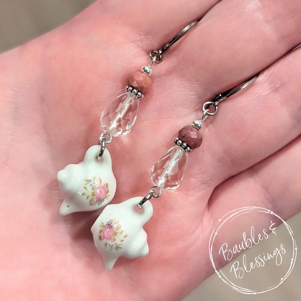 Sweet Floral Teapot Earrings with Rhodonite & Quartz