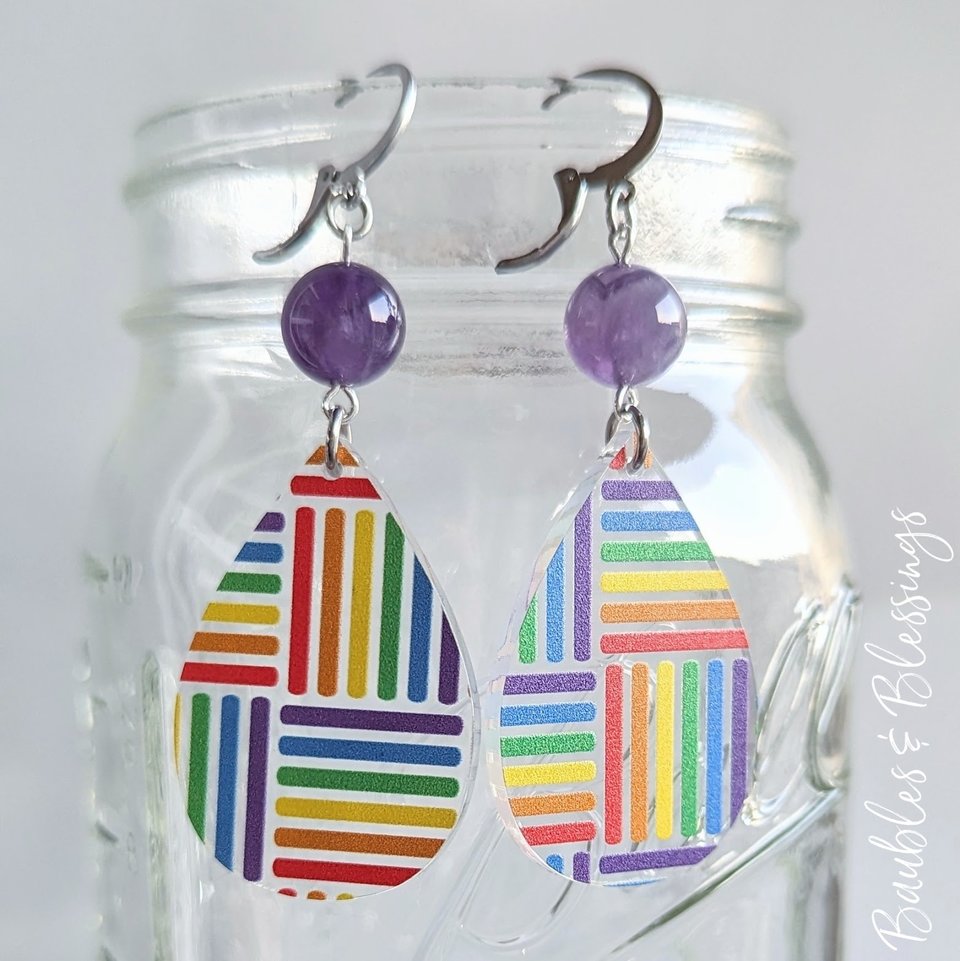 Acrylic Rainbow Pattern Earrings with Chevron Amethyst (MTO)