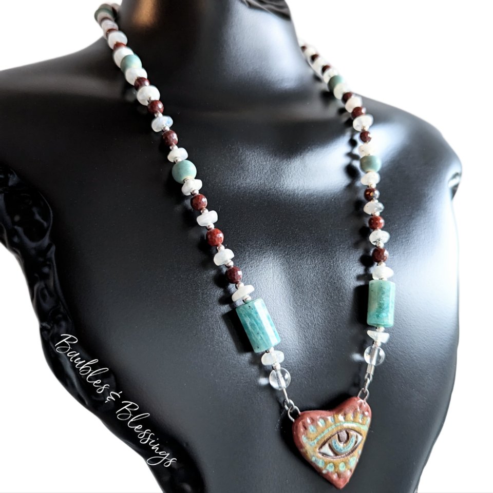 Eye Love You Necklace with Apple Jasper, Amazonite & Moonstone