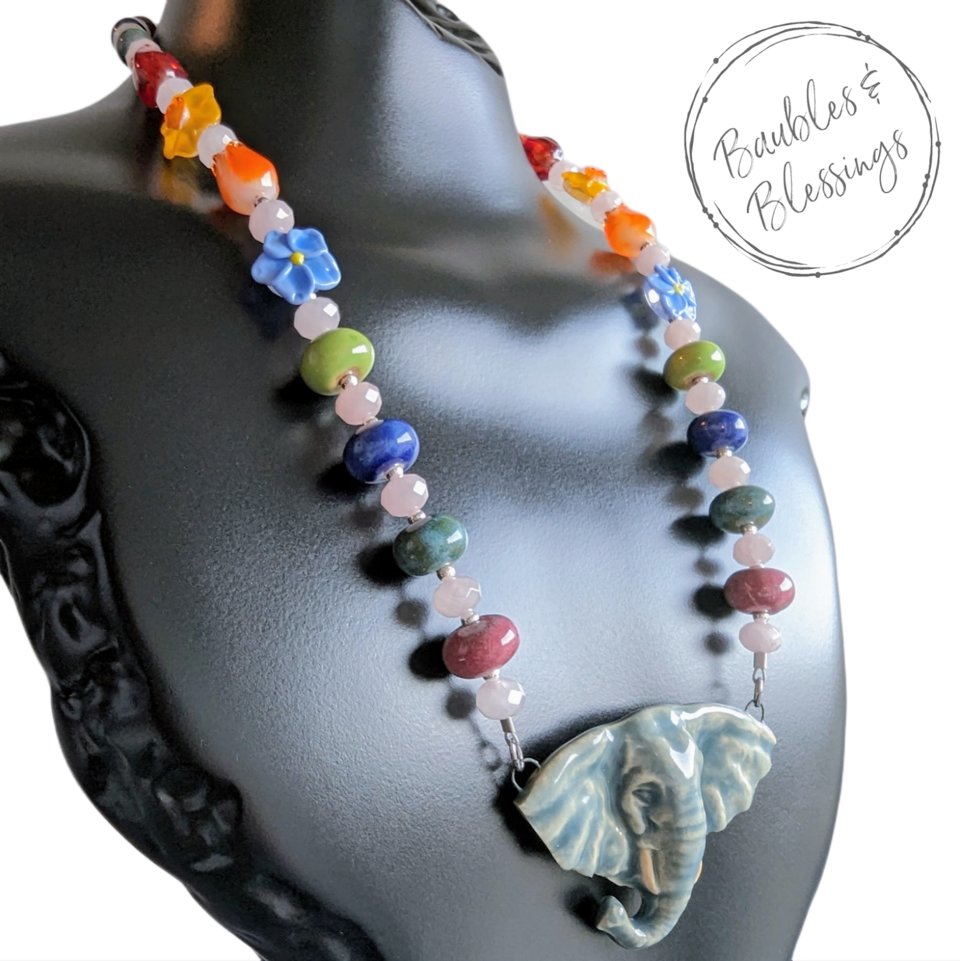 Ganesha Necklace with Handmade Beads & Rose Quartz