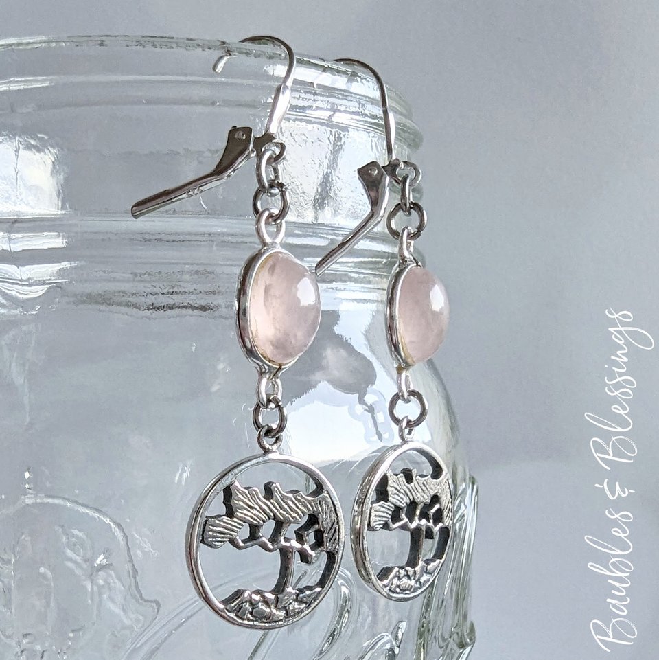 Rose Quartz & Sterling Silver Tree of Life Earrings