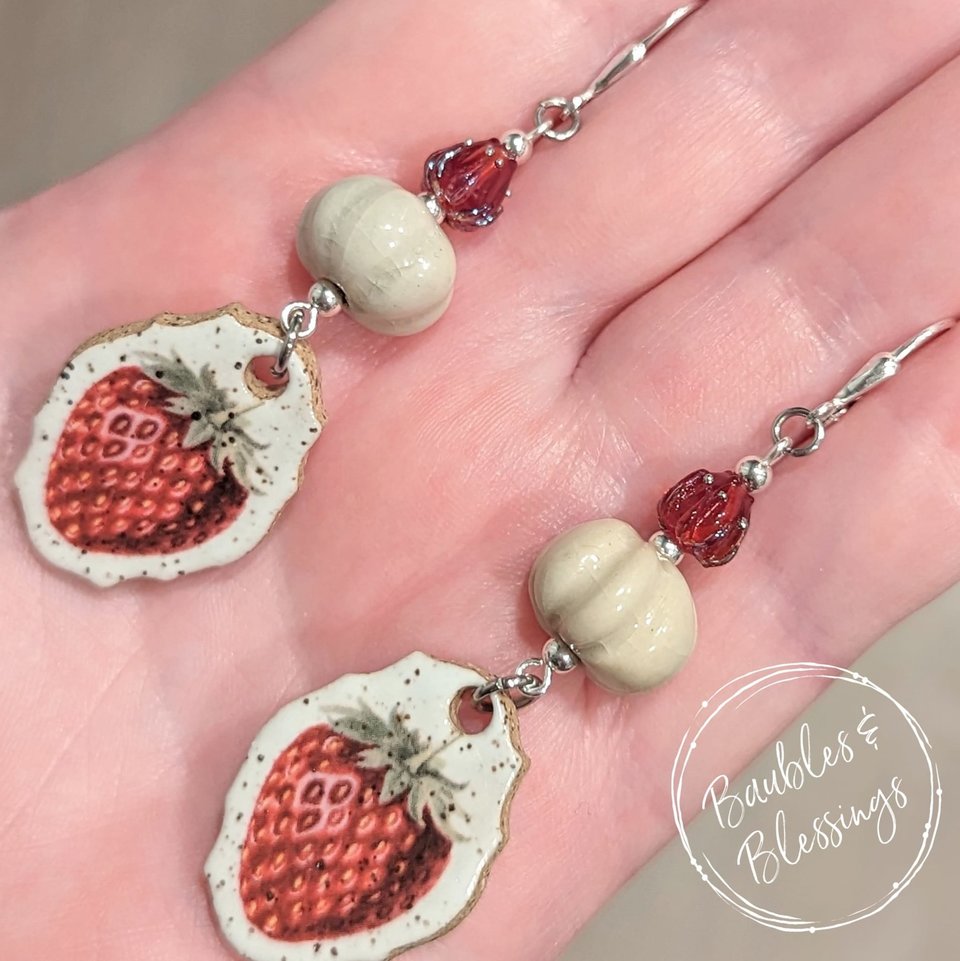 Strawberry Earrings with Ceramic Beads & Lampwork Flowers