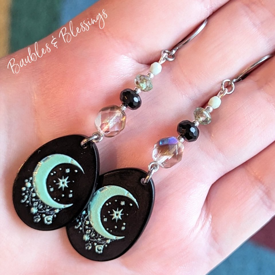 Acrylic Crescent Moon Earrings with Czech Glass & Onyx