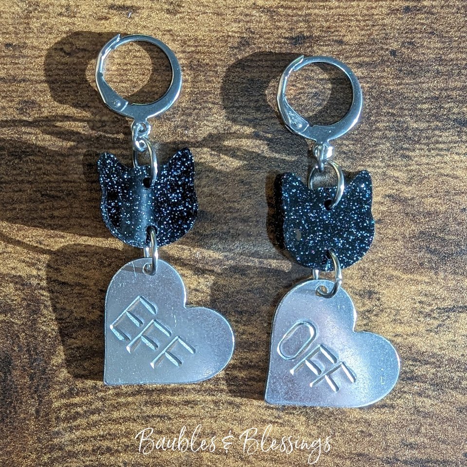 Snarky Hearts: Glittery Kitty "EFF OFF" Earrings