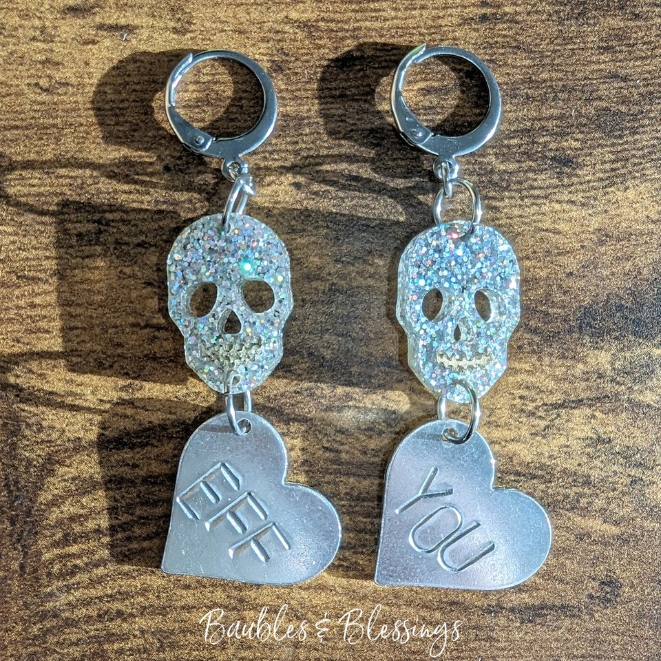 Snarky Hearts: Glittery Skull "EFF YOU" Earrings